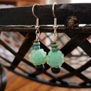Handmade Pale Green and Black Beaded Dangle Earrings